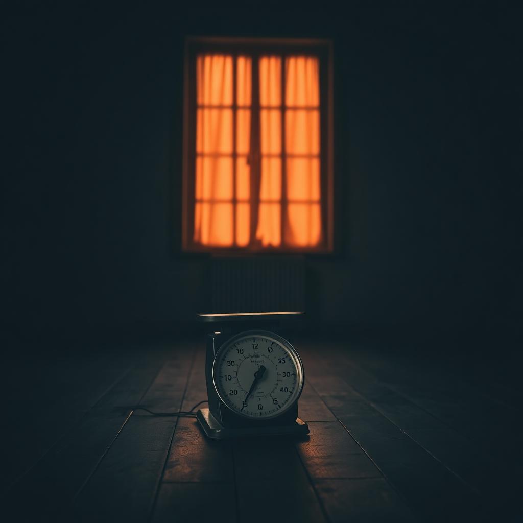 Oude analoge weegschaal in een donkere kamer met warm oranje raamlicht
