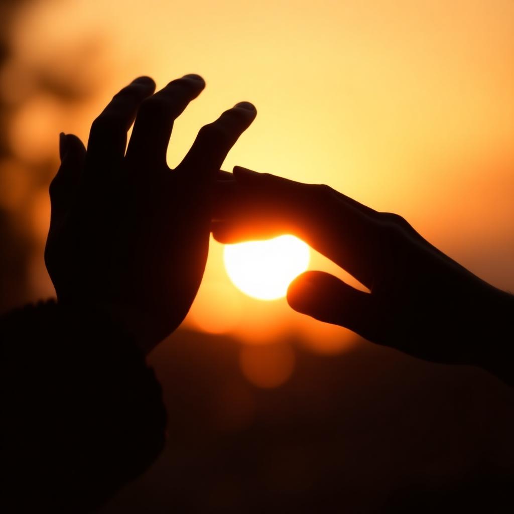 Twee silhouetten van handen die elkaar bijna raken in warm tegenlicht bij zonsondergang