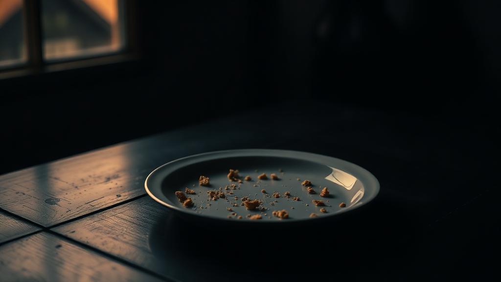 Leeg bord met kruimels op een donkere houten tafel met warm oranje zijlicht