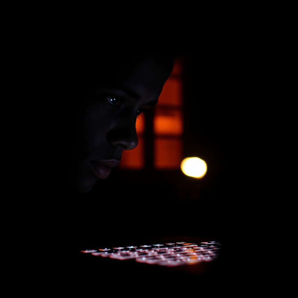 Persoon 's nachts gehypnotiseerd door het licht van een laptopscherm