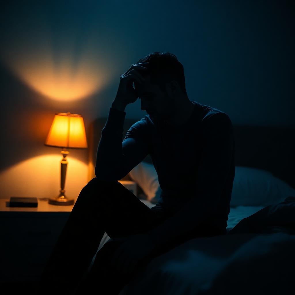 Man zit alleen op bed in een donkere kamer, hand op het voorhoofd, verlicht door een warme lamp
