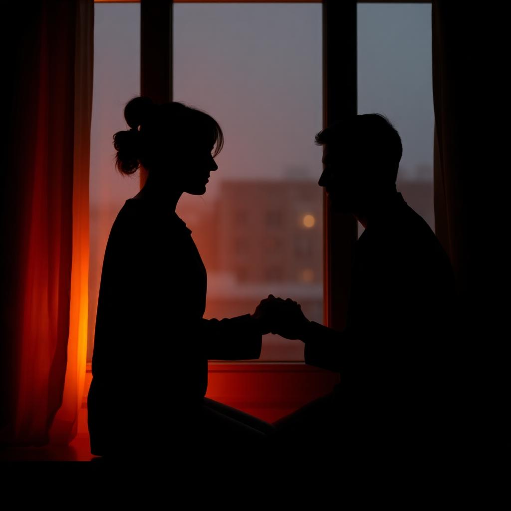 Silhouet van twee partners hand in hand bij een raam met warme oranje gloed