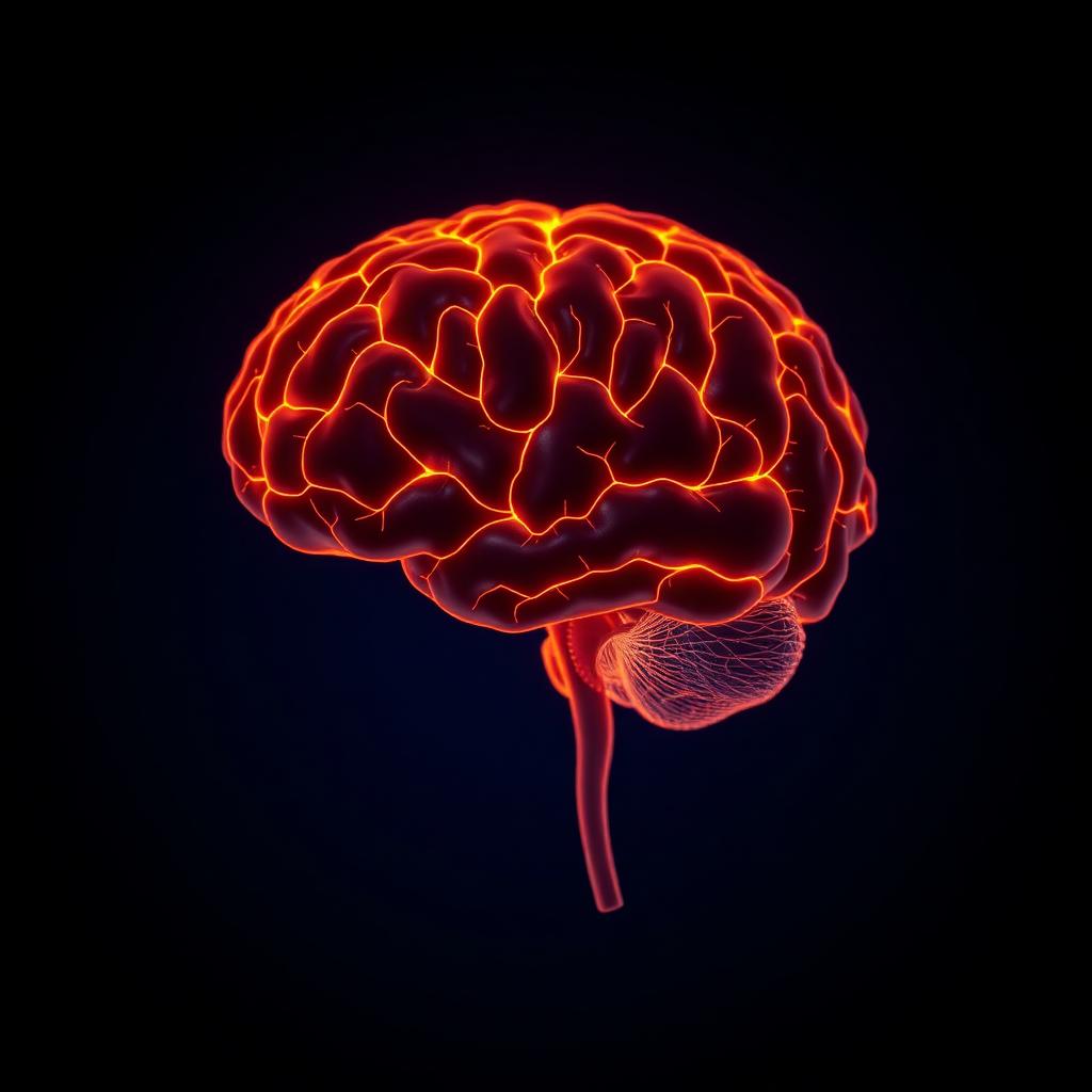 Wetenschappelijke illustratie van een gloeiend menselijk brein met actieve neurale verbindingen