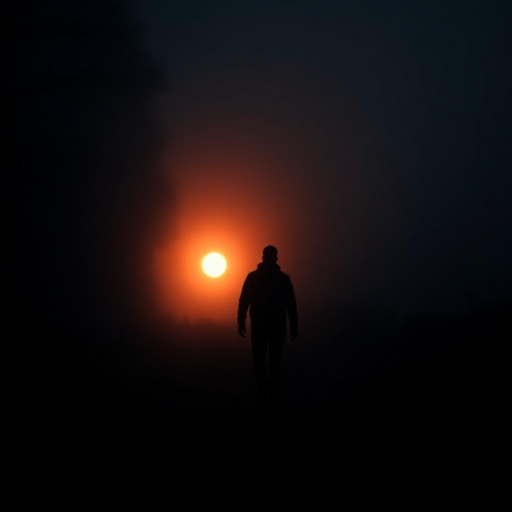 Silhouet van een persoon die richting warme oranje zonsopgang loopt door mist