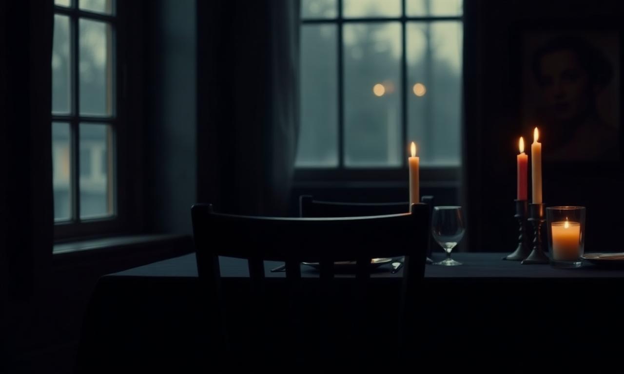 Lege stoel aan een gedekte eettafel met brandende kaarsen in een donkere kamer