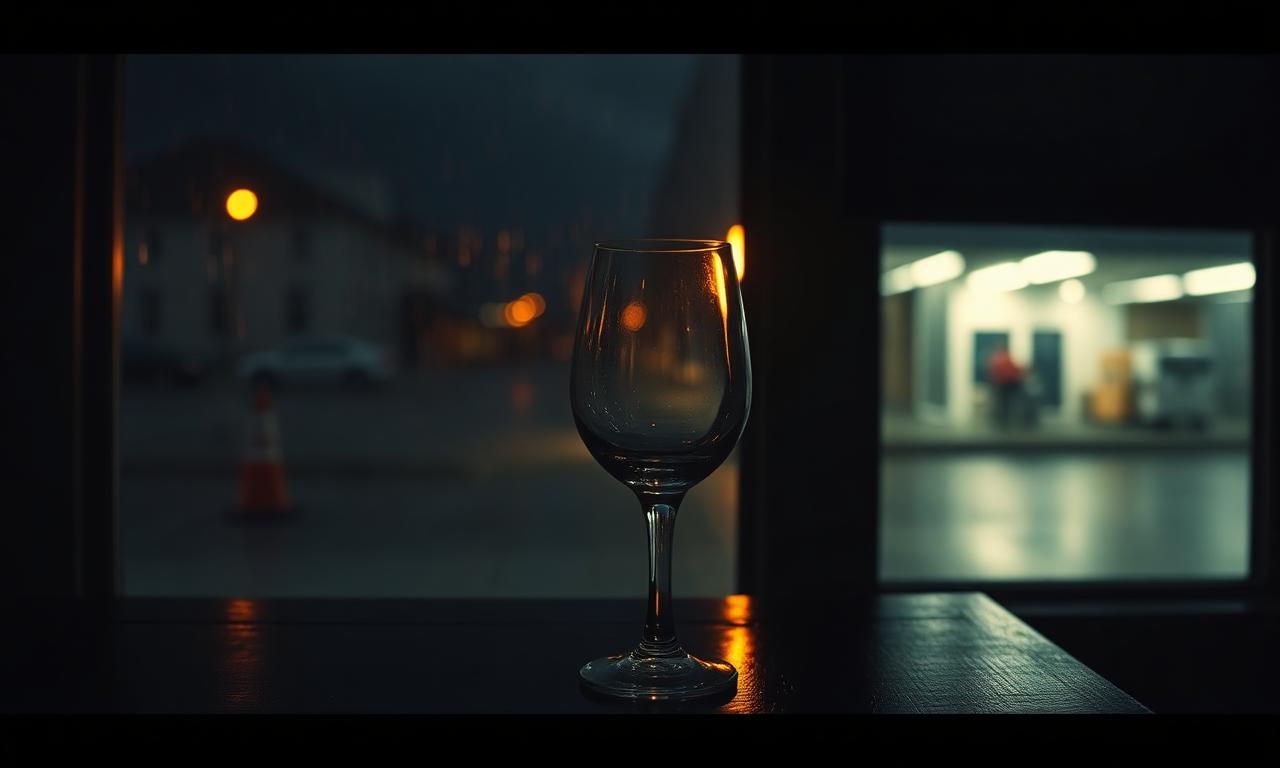 Half leeg wijnglas op donkere tafel bij een regenachtig raam in de nacht