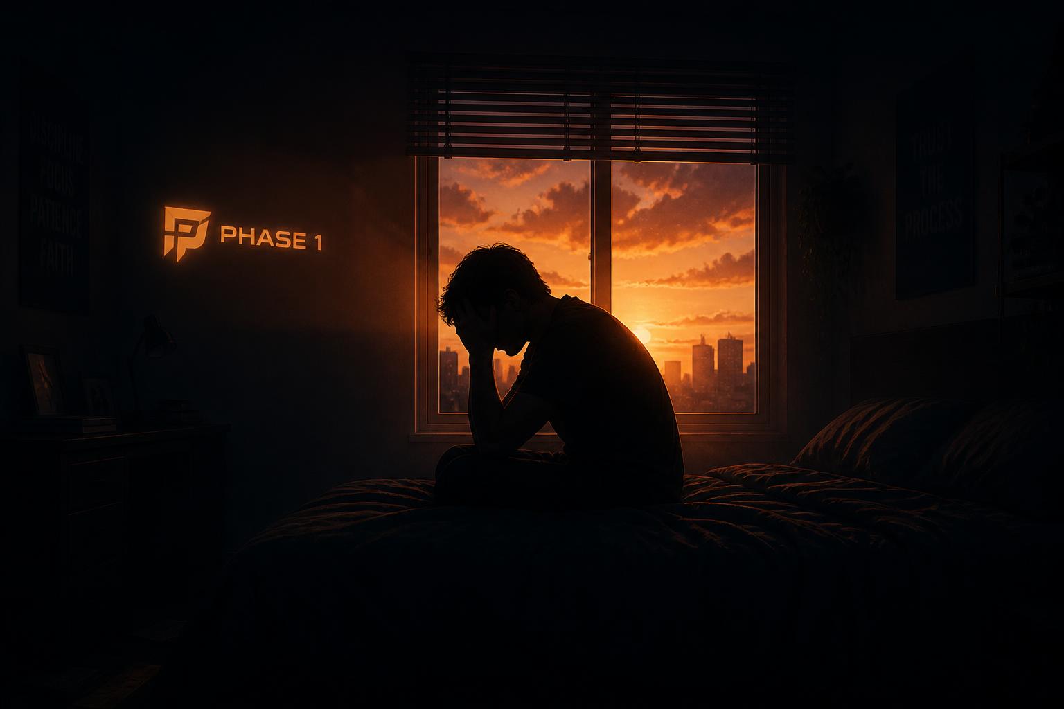 Silhouet van een persoon alleen op een bed bij een raam met warm zonlicht