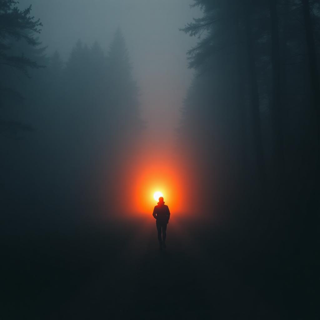 Silhouet van een persoon die bij zonsopkomst door mist loopt, symbool voor herstel