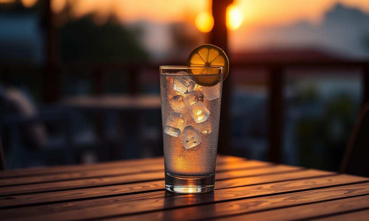 Glas bruisend water met citroen op een houten terrastafel bij zonsondergang