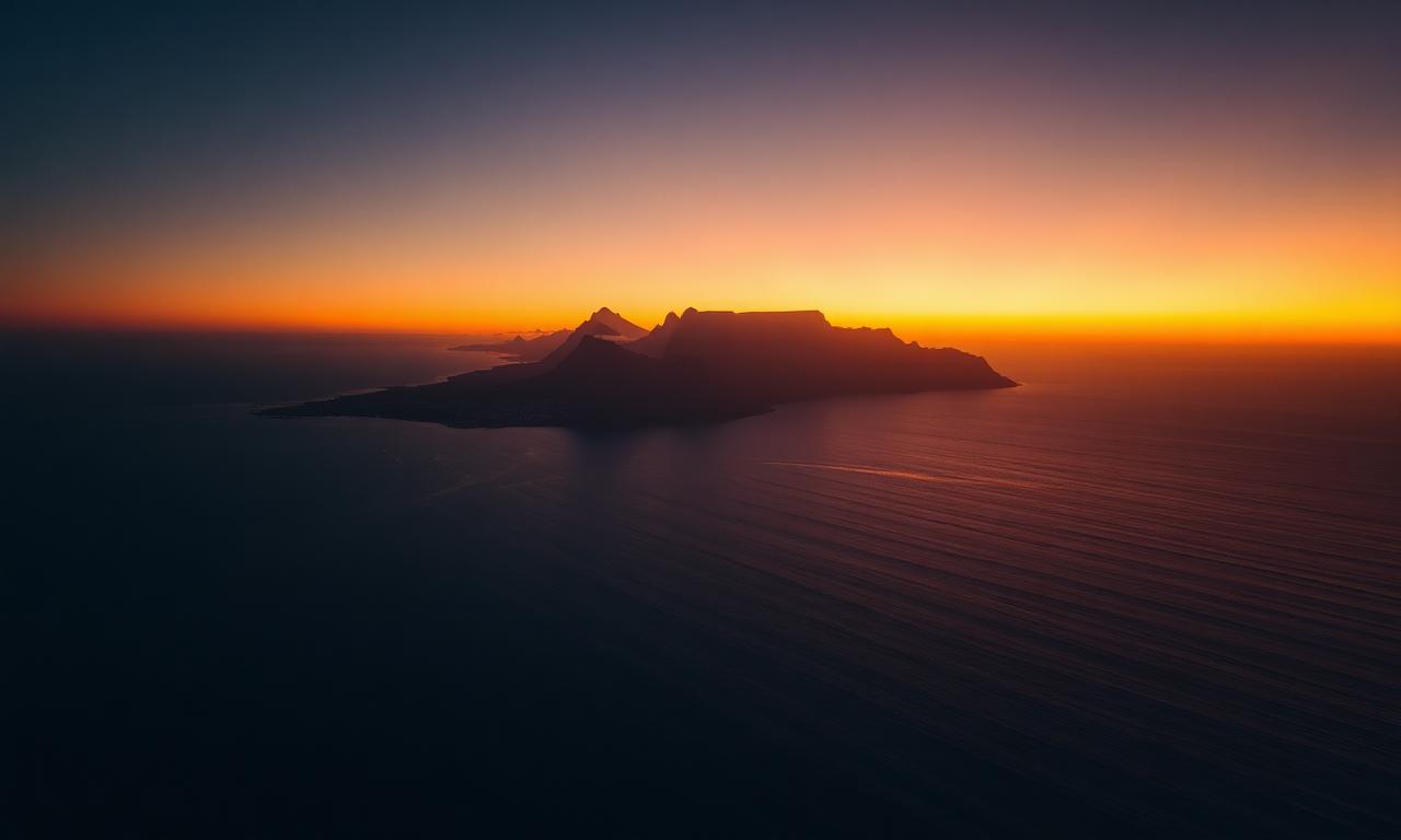 Luchtfoto van de Zuid-Afrikaanse kust bij zonsondergang met Tafelberg in silhouet